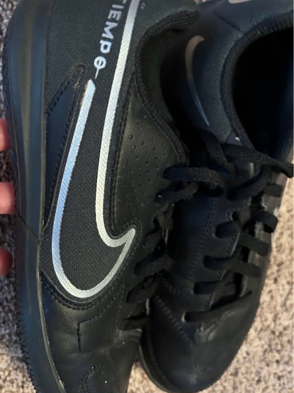 Nike Tiempo Boys Black Indoor Soccer Shoes/Cleats with Silver Swoosh